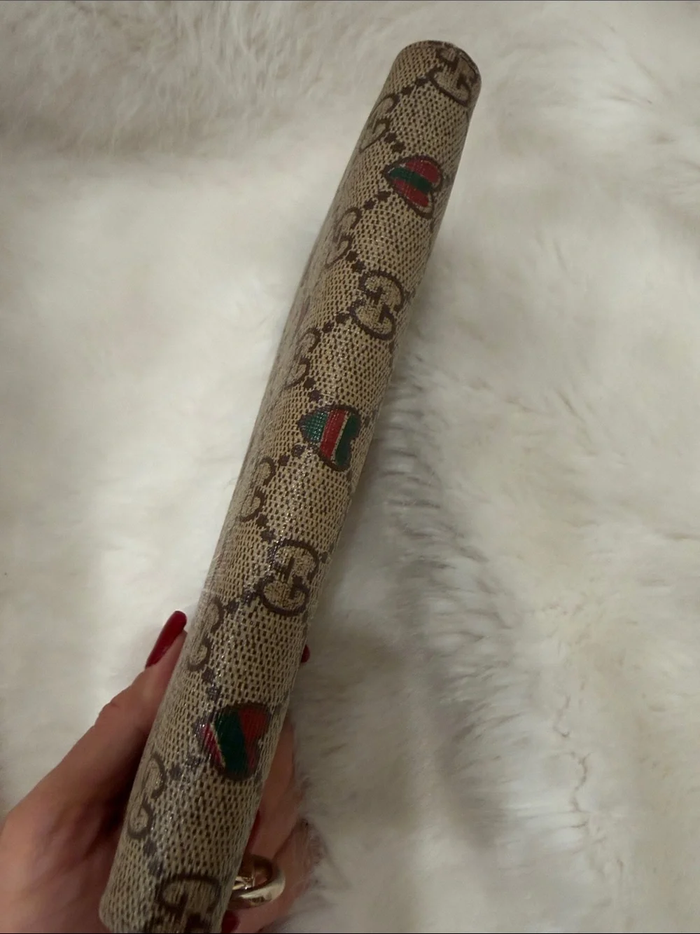 Gucci Beige GG Monogram Zip Wallet with Red & Green Hearts GG pull Authentic!